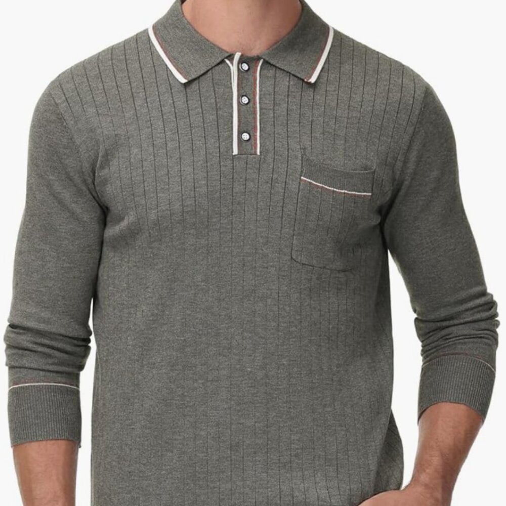Paul Jones Men’s Gray Ribbed Knit Long Sleeve Polo Sweater - Size - XL